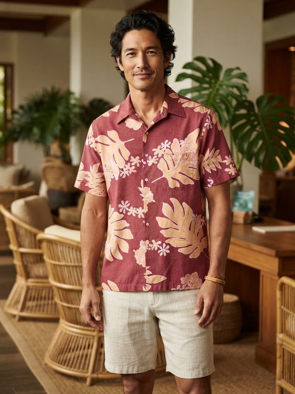 Reyn Spooner Aloha Shirt Large Burgundy Monstera Vintage 90s